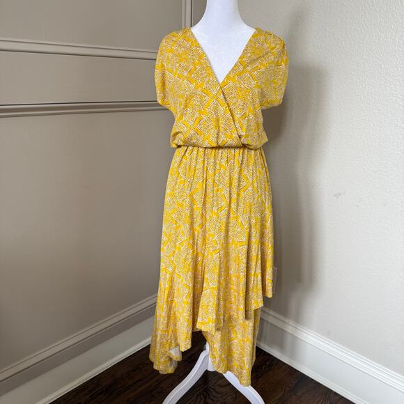 Anthropologie Maeve Yellow Wrap Midi Dress Short Sleeve V-Neck High Low Hem Sz S - Picture 1 of 8